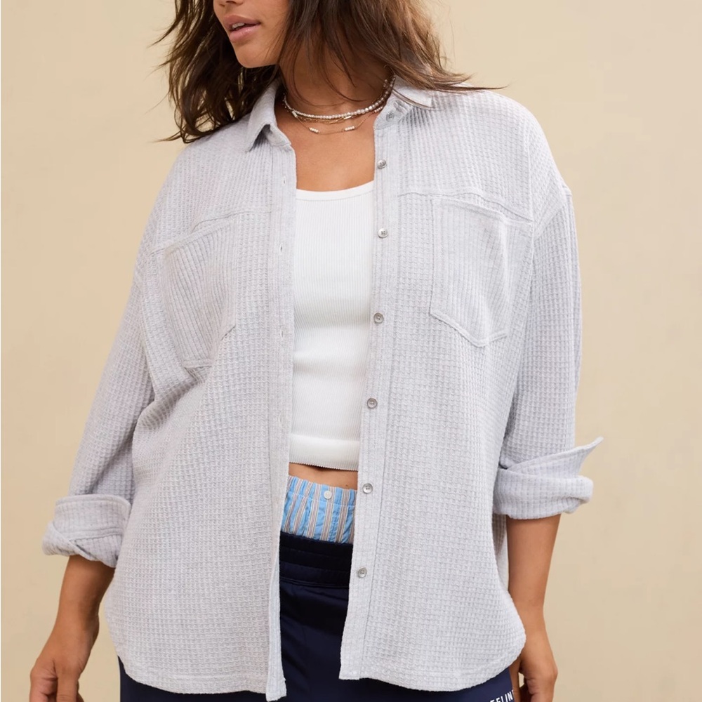 Aerie Light Gray Waffle Button-Down Shirt